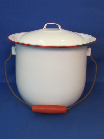 White Enamel Pail/Bucket with Red Trim – Red Wood Handle – 9” tall – 9 1/2” wide at top