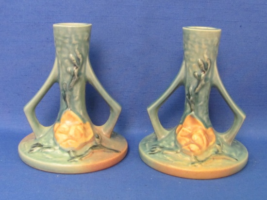 Pair of Roseville Pottery Magnolia Blue Candlesticks #1157 – About 4 7/8” tall