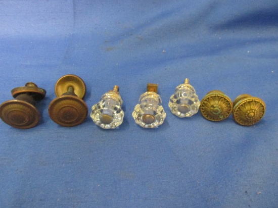 7 Assorted Fancy Drawer/Door Pulls: 3 are Faceted Glass1”, & 2 sets of 2 Brass