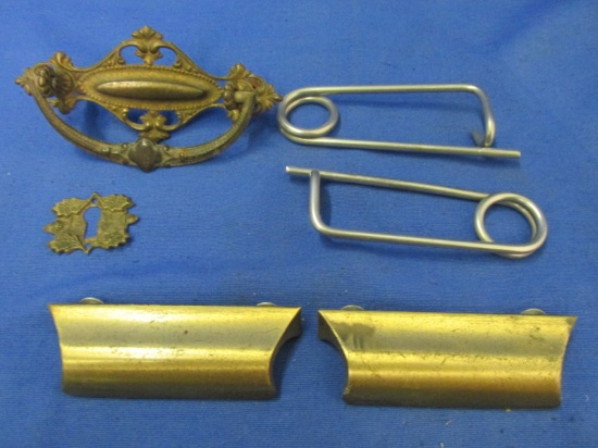 Vintage Hardware: 5” W Brass Drawer Handle & 1”x 1 1/2” Ornate Keyhole, 2 Brass