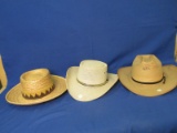 3 Straw Hats : Natural Straw Size 7, White 7 3/8 Arlop , & Cowboy 7 ¼ w/ Badge
