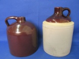 2 Vintage Stoneware Jugs: Brown Glazed 7 1/2” T & White w/ Shoulder 9” T