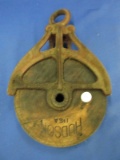 Vintage Wood & Iron Pulley  Mall 827 Hudson Mfg Co -7 1/2” Wheel  13” Top to bottom