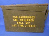 Military Ammo Box – Stencilled – 250 Cartridges Cal .30 Linked Lot T.W. L-19842