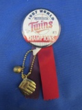 Minnesota Twins  1987 World Champions Pin with Golden Glove, Baseball & 2 Ribbons