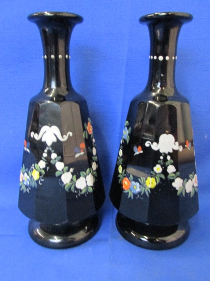 Pair of Hand- Painted Black Glass Vases – Each has 10 panels around the body