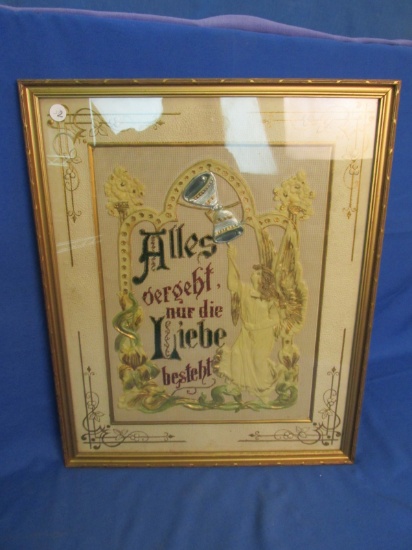 Framed  Antique German Embroidery Picture on Paper  21 1/4” T x 17 1/4” W