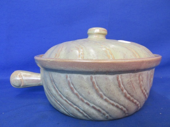 Pottery Covered Pan with Swirl Design & a Green to Sand Color Glaze