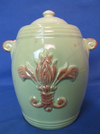 Pretty Decorative Jar – Depression Green Pottery Ginger Jar w/ Brown Fleur-de-Lis