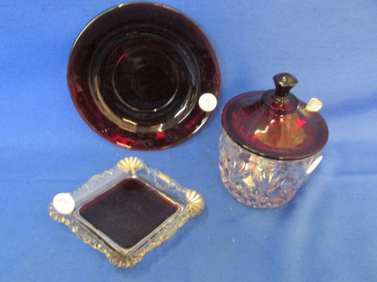 Vintage Glass: Ruby Saucer , Ruby Flashed 5 1/4” Diamond Plate, & Jam Jar w. Spoon