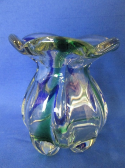 Vintage Hand-Blown Glass Vase w/ Green & Cobalt Stripes – Crimped Top Edge