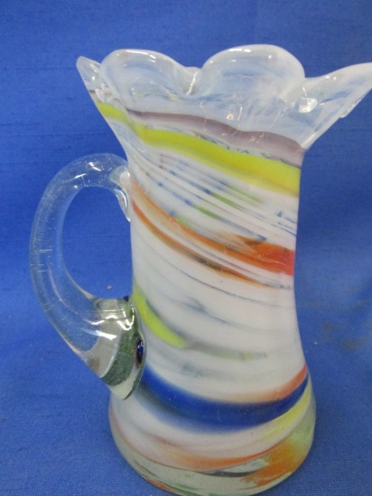 Vintage Hand Blown Swirled Glass  Pitcher Vase w/ Crimped edge & Applied Handle
