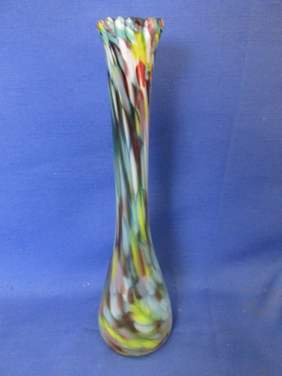 Multi Color Pulled Glass Bud Vase 10 ½” T top is 1 1/2” Bottom 2 1/2”