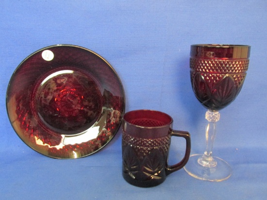 Ruby Glass Set (Leaves Patterned Pressed) – Goblet 8” T appx , Cup 3 3/4” T & Plate 8”