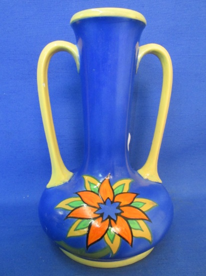 Czech Double Handled Painted Decorative Porcelain Vase Bright Blue & Yellow – ca. 30's