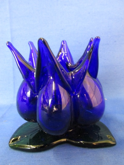 Delicate  Blown Glass Cobalt Waterlily Vase on applied Green Leaves 4” T  x 3 3/8” Wide