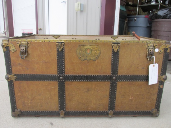 Vintage Trunk With Brass Strapping, Corners, Hardware & Lock