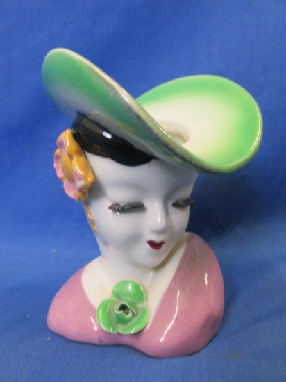 Vintage Lady Head Vase – Green Hat – Black Hair – High Gloss Glaze – Japan  4 1/2” T