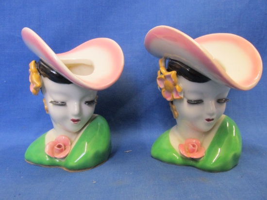 Matched Pair of  Lady Vases – Pink Hats – High Gloss Glaze – Japan 4 1/2” T each