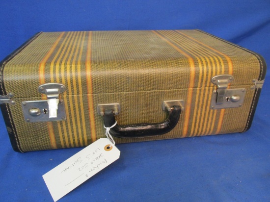 Antique Hard- Sided Tweed  Suitcase 18”  W x 13 1/2” T X 6 3/4” Deep  – & its Key
