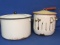 2 Enamel Pots: White w Black Trim (Holes in Base) White w Red Trim, Cream colored lid