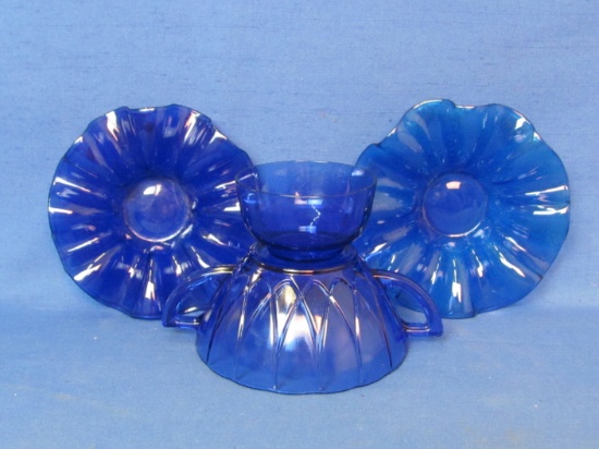 Blue Glass: 2 Tea Light Candle Holders, Handled Bowl, Small Cup