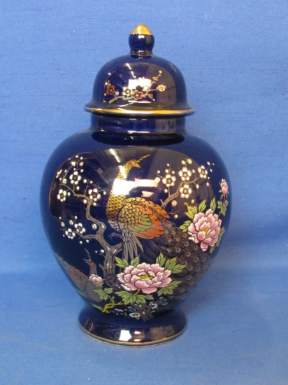 Cobalt Blue Ginger Jar Type Vase – Floral Design – Made in Japan – 8” tall