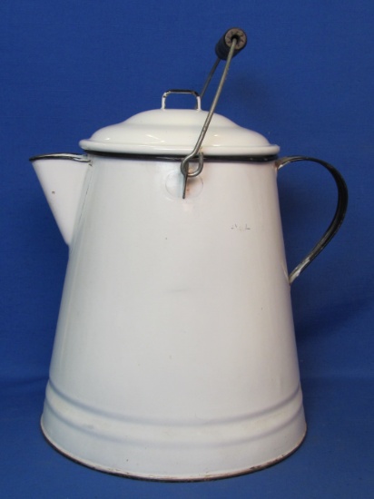 Large White Enamel Camping Pot/Kettle with Black Trim – Wood Handle – 13” tall