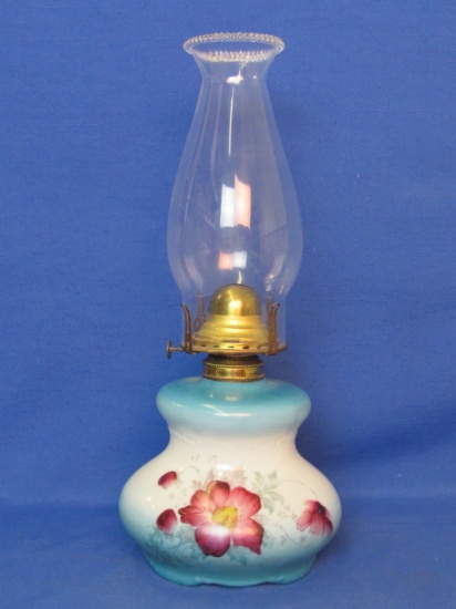 Painted Milk Glass Oil Lamp – Queen Anne Burner – 15” tall with Chimney