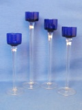 Set of 4 Cobalt Blue & Clear Tea Light Candle Holders – 8” to 11” tall