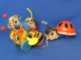 3 Vintage Wood Fisher-Price Pull Toys: Queen Buzzy Bee, Playful Puppy, Ladybug