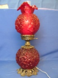 Fenton Ruby Red “Poppy” Gone with the Wind Lamp – Metal base – 23 1/2” tall with chimney