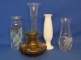 Mixed Lot of Glass Vases: 1 with Retro Blue & Gold Design – Tallest is 10”