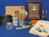 Mixed Lot of Kitchen Items: Decorated Spoons, Juice Glass, Toothpick Holder