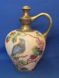 Vintage Painted Pottery Jug – Birds & Floral – Marked on Base – 9” tall