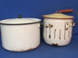 2 Enamel Pots: White w Black Trim (Holes in Base) White w Red Trim, Cream colored lid