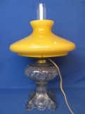 Electrified Oil Lamp – Ornate Clear Glass Base – Light Yellow Shade – Has Chimney