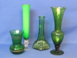 4 Green Glass Vases – All Different – Tallest is 8” tall