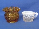 Small Fenton Glass Amber Hobnail Vase & French Opalescent Creamer – Taller is 3”