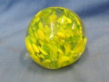 Iridescent Glass Paperweight With Green & Yellow Pattern