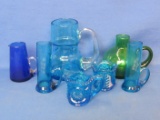 Lot of Blue & Green Glass Pitchers/Creamers/Jugs – Tallest is 5”
