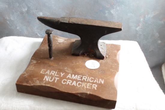 Antique EARLY AMERICAN NUT CRACKER Anvil & Spike on Board 4 1/2" Long