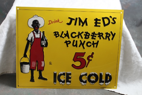 Metal Jim Ed's Blackberry Punch Sign 11 1/2" x 9" Black Americana