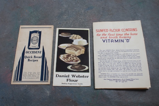 3 Antique Flour Advertising Pamphlets Sunfed Flour, Daniel Webster & Occident