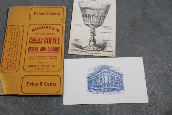 Antique Augusta's Ground Coffee Box Like New & 2 Dry Goods Trade Cards