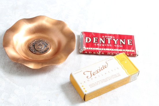 Vintage Lot West Point Copper Ashtray, Adams Dentyne Gum Unopened and