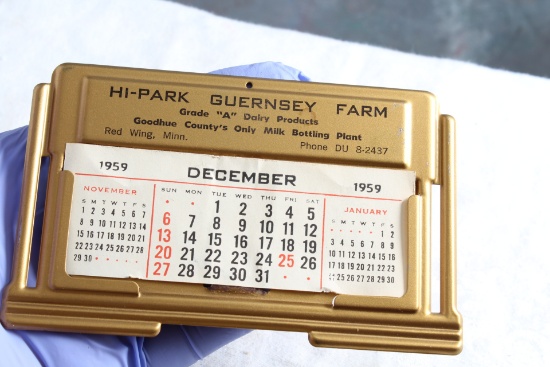 1959 Hi-Park Guernsey Farm Red Wing Minnesota Advertising Calendar Metal