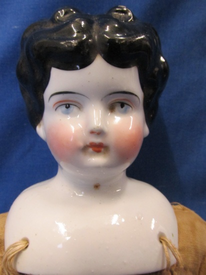 Antique German China Doll Head (3 3/4”T ) Hertwig & Co on a 10” Cloth body w/ Presed