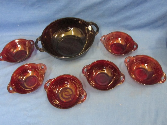Vintage Ruby Glass 9” Serving Bowl & 6 4” Fruit Bowls  - Matching