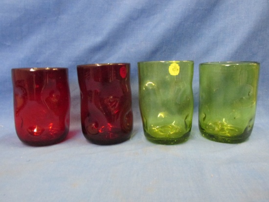 2 Vintage Ruby & 2 Vintage Green Glass – Hand Crimped Tumblers 4 1/2” T